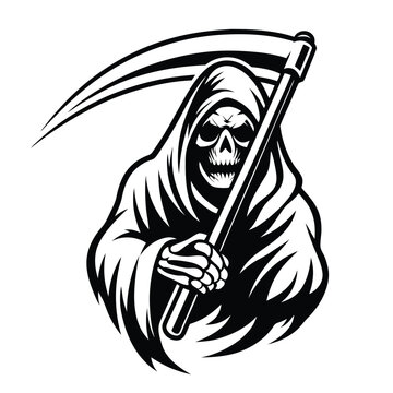 recommend clip art: Grim Reaper Black and White Illustration, Skeleton with Hooded Cloak Holding Scythe