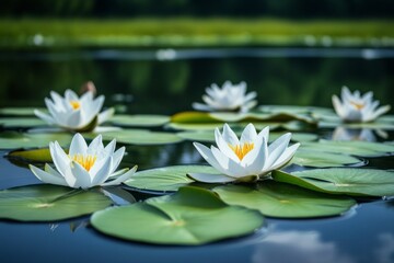 Beautiful white water lilies with yellow hearts are blooming in a calm pond surrounded by green lily pads