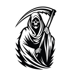Monochrome Grim Reaper Cloaked Holding Scythe Death Skeleton Horror Black and White