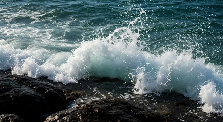 Naklejka premium waves crashing on rocks during summertime. Closeup of ocean waves crashing against rocky shoreline during summertime on a sunny day. Sea water splashing on rocks with powerful waves