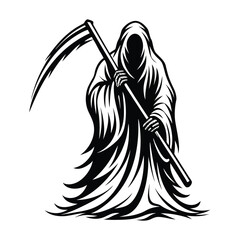 Grim Reaper Silhouette with Scythe, Isolated on White. Illustration, Creepy