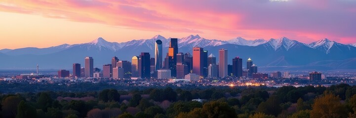 Denver skyline panorama, majestic mountain backdrop, urban landscape, buildings, bird's eye view