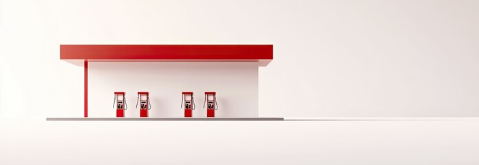 Minimalist rendering of a gas station with a red canopy and three pumps against a white background