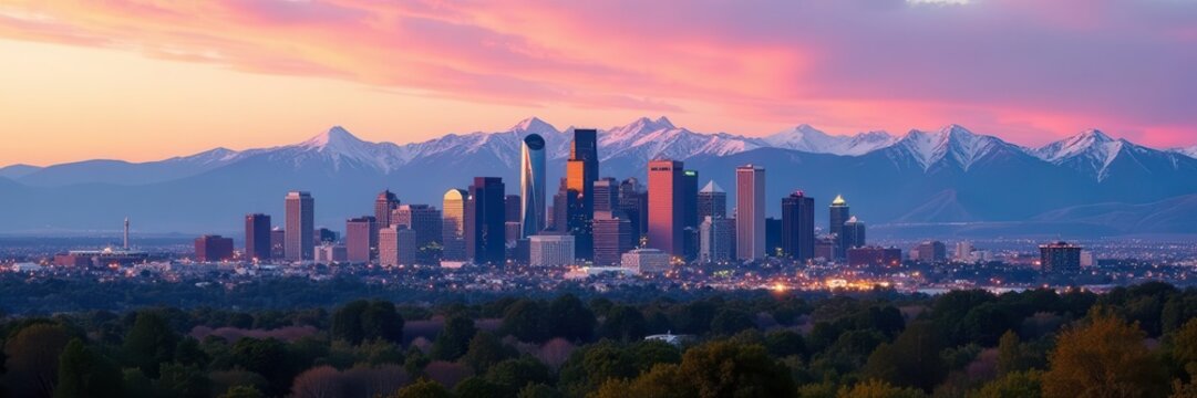 Denver skyline panorama, majestic mountain backdrop, urban landscape, buildings, bird's eye view