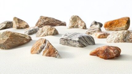 A set of angular rocks scattered unevenly across a soft sandy surface on a white background
