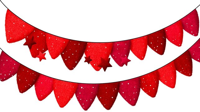 Festive red bunting strung across. Triangle flags and star shapes, ready for celebration