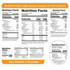 Obraz premium Nutrition Facts Label design template for food content. Vector serving, fats and diet calories list for fitness healthy dietary supplement, protein sport nutrition facts American standard guideline