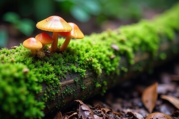 Lush moss covers a decaying log, several mushrooms sprout from its surface , picture, wood