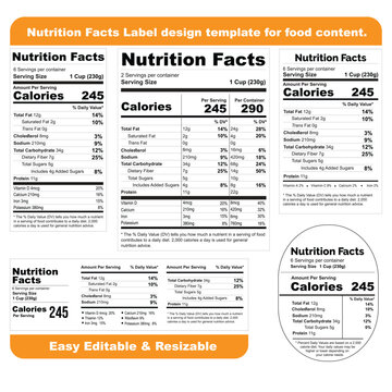 Nutrition Facts Label design template for food content. Vector serving, fats and diet calories list for fitness healthy dietary supplement, protein sport nutrition facts American standard guideline