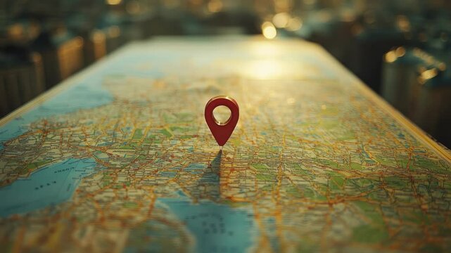 3D city map with location pin marker, symbolizing GPS navigation, travel planning, smart city infrastructure and destination pinpointing in modern urban environments