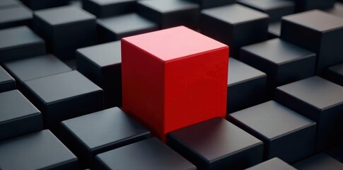 Fototapeta premium Red cube contrasts sharply against a field of black blocks , object, attention, cube