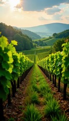Naklejka premium Rolling hills of Freiburg vineyards, sunlit vines stretching far , Weinberge, summer