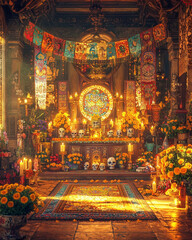 Obraz premium colorful Día de los Muertos altar, adorned with vibrant marigolds, candles, sugar skulls