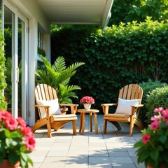 Fototapeta premium Minimalist wooden patio chairs amidst vibrant greenery near glass doors , leaves, outdoor, seating