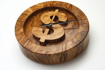 Wooden clock with a dollar sign is ticking, representing the concept of time being money