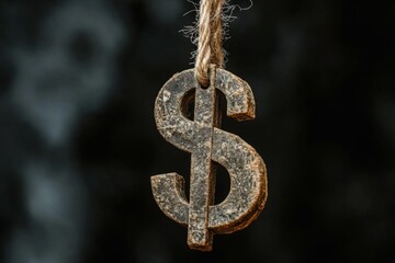 Obraz premium Weathered dollar sign hanging from a rope, representing financial uncertainty or economic hardship