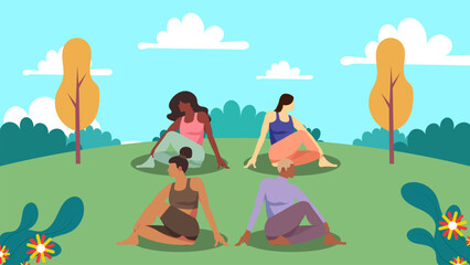 flat vector illustration of a group of women doing yoga poses in a park with leaves and clouds