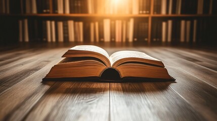 Open Book on a Wooden Floor with a Bookshelf in the Background