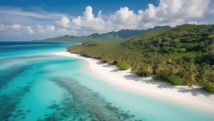 High-angle, full shot of a tropical beach.