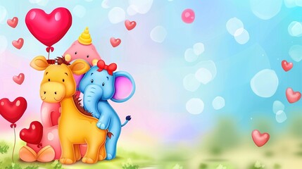 Fototapeta premium Cartoon Animal Love Heart Children's Toy Background: A Whimsical World of Playful Affection