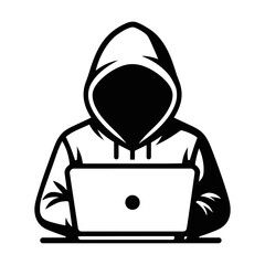Hooded Figure Using Laptop - Hacker or Anonymous Illustration