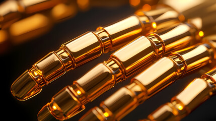 Naklejka premium Close-up of golden robotic fingers with a sleek, metallic finish and detailed joints, highlighting advanced technology and futuristic design.