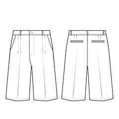 Technical flat sketch of Bermuda pants. Formal shorts with welt pockets. Side pocket, Pleated vertical darts. Vector mock up Template. 