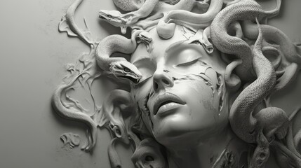 Black and white 3d rendering of medusa with snakes and zombies on a mint background