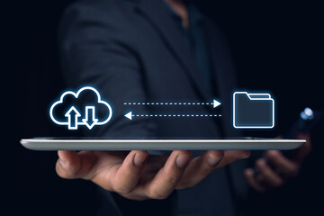 Data transfer action using cloud technology on a tablet modern office environment digital...