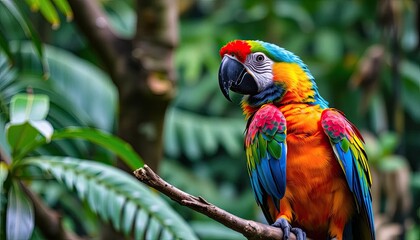 Fototapeta premium Colorful Macaw Perched on Branch in Lush Tropical Foliage