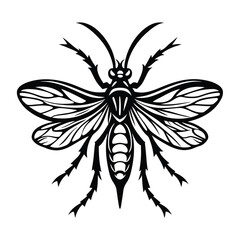 Stencil Black and White Paper Cutout Style of Wasp Silhouette with Detailed Wings
