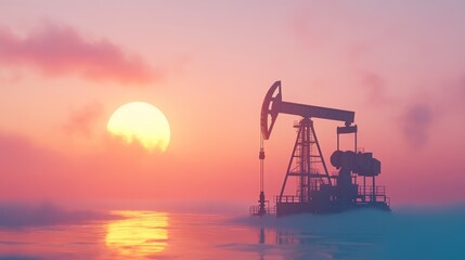 Offshore Oil Rig at Sunset: A Dramatic Silhouette Against a Vibrant Sky