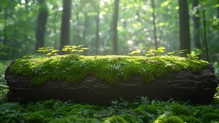 Fototapeta premium Lush green moss covering a fallen log in a serene forest with soft sunlight filtering through trees