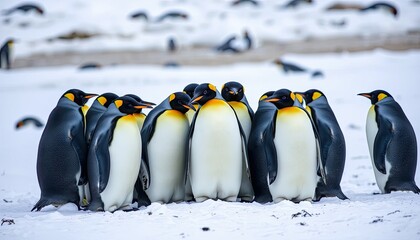 Obraz premium King Penguins Huddle in Snowy Antarctic Landscape