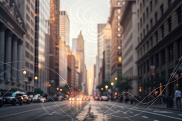 Urban street view during golden hour with blurred buildings and soft light reflections