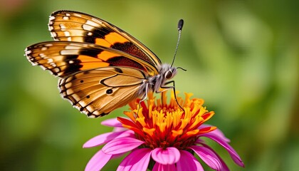 Fototapeta premium Orange Butterfly on Pink Flower in Garden