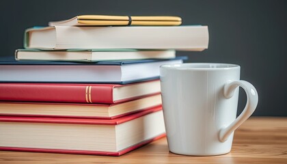 Stack of Books and White Mug on Wooden Table