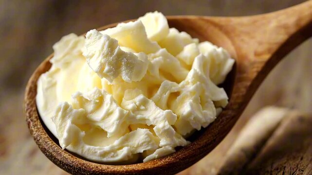Close-up of shea butter in a wooden bowl with a spoon, highlighting its smooth, creamy texture, ideal for cosmetic or culinary use