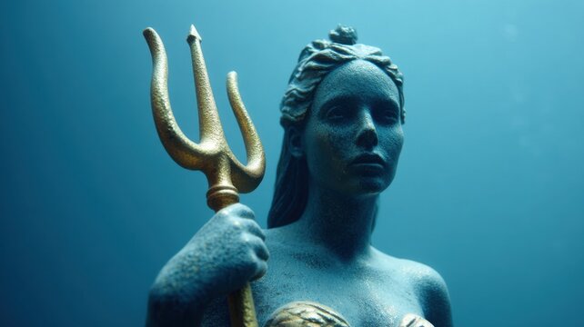 A blue-toned underwater statue of a woman holding a golden trident, resembling a mythological sea goddess.