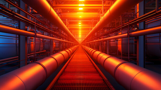 A under 200 characters: A futuristic industrial corridor with parallel metal pipelines, illuminated by dramatic orange and blue lighting.