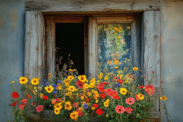 Vibrant blossoms add a touch of color to a weathered window frame, creating a charming rustic scene