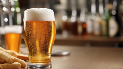 Refreshing Glass of Beer Accompanied by Freshly Baked Bread on Table