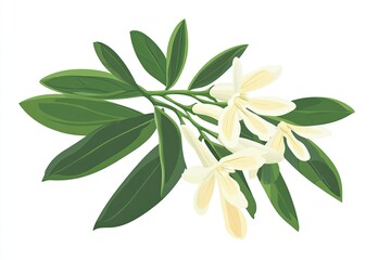 Naklejka premium Creamy white flowers with vibrant green leaves on a branch