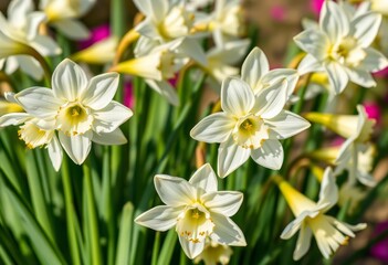Elegant white narcissus blossoms, vertical composition, purity, spring