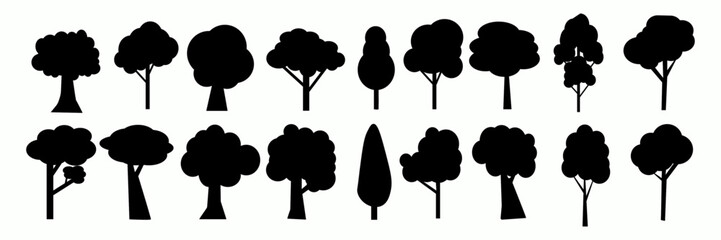 Set of black silhouettes of coniferous trees. Park trees. Tree shadow