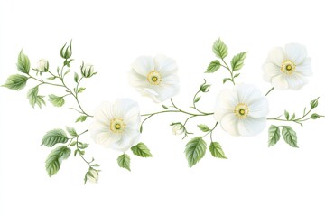 Fototapeta premium Delicate watercolor painting of white blossoms and green leaves arranged in a horizontal floral garland