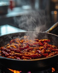 Spicy red chilies sizzling in a pan