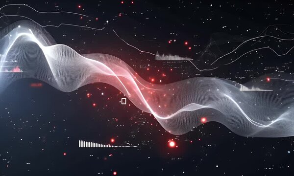 Red and white wave elements on a black background, a futuristic technology concept design with abstract shapes, a high-tech style, a vector illustration, a dynamic composition, 
