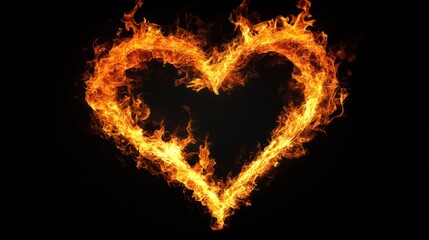 Fiery heart flame dark background, love passion concept