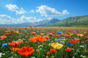 Wildflowers blooming in a colorful meadow in a mountain valley landscape on a sunny day